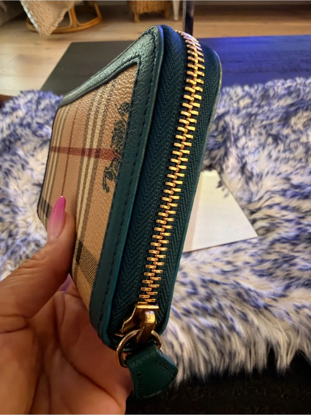Burberry Plaid Zip-Around Wallet with Teal Green Trim